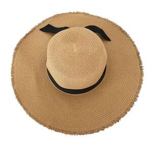 LOFT Straw Floppy Hat Tan Frayed Edge Packable Black Ribbon Summer Beach Light